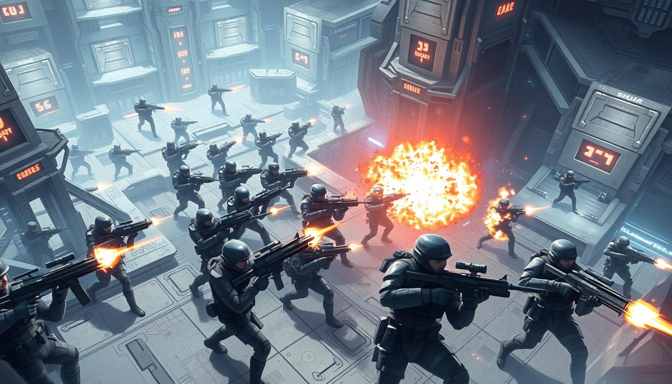 A vast, futuristic arena filled with towering structures and a maze-like layout. In the center, a group of heavily armed, battle-hardened soldiers engage in a fierce firefight, their weapons blazing and tactical maneuvers unfolding with precision. The lighting is dramatic, casting sharp shadows and highlighting the tension of the moment. The soldiers' faces are intense, their movements fluid and calculated as they navigate the complex environment, using cover and coordinating their attacks. The background is filled with the glow of holographic displays and the hum of advanced technology, creating a sense of a high-stakes, cutting-edge battlefield. The overall mood is one of intense, strategic combat, with the players fighting for victory in this dynamic, three-dimensional arena.