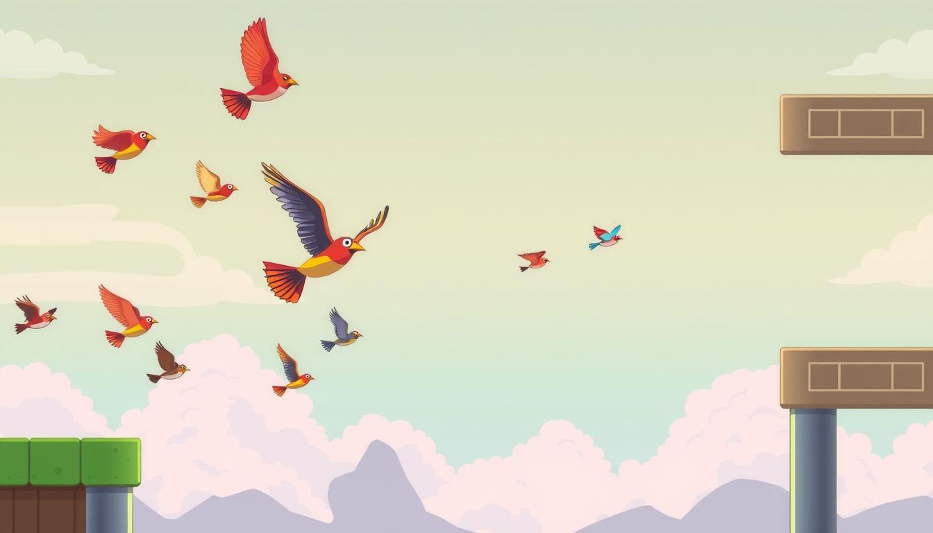 A detailed side-by-side comparison of the iconic Flappy Bird game and its avian counterparts. A flock of vibrant, stylized birds soar against a serene, pastel-hued sky, their wings outstretched as they navigate intricate obstacles. The foreground showcases the distinct visual styles and game mechanics of Flappy Bird and its contemporaries, while the background reveals the broader landscape of mobile bird-themed games. Soft, diffused lighting lends an ethereal quality, capturing the addictive yet whimsical nature of these avian-inspired experiences. Rendered in a clean, minimalist aesthetic to highlight the nuanced differences and similarities between the games.