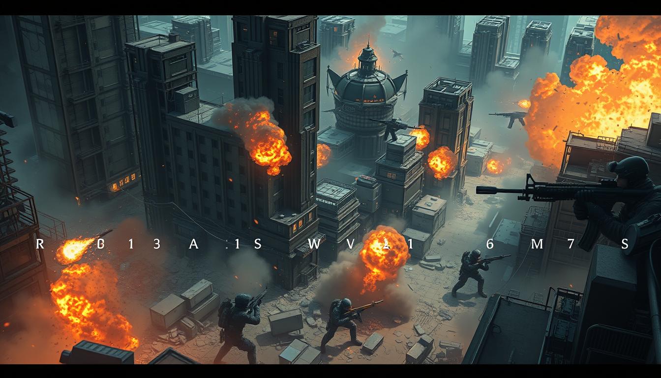 A sprawling, immersive 3D combat simulation with a squad-based team shooter dynamic. Intense, near-future firefights erupt across a gritty urban environment, with players maneuvering through the intricate cityscape, taking cover behind debris and buildings. Dynamic lighting casts dramatic shadows, while cinematic camera angles capture the adrenaline-fueled battles. Squads coordinate tactics, communicating via headsets as they engage the enemy. Smoke grenades obscure vision, while tracer fire streaks through the air. The pulsing soundtrack heightens the sense of high-stakes combat. Rendered with a gritty, hyper-realistic visual style, this is a squad-based shooter that delivers an authentic, cinematic FPS experience.