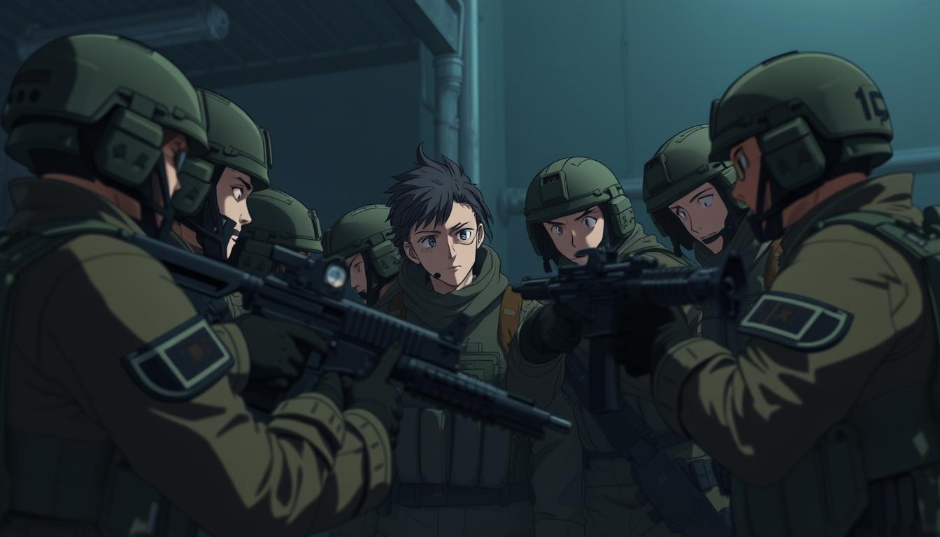 A dynamic team collaborating in a 3D tactical shooter environment. A group of soldiers strategically positioned, communicating through hand gestures and gaze. Muted color palette with moody lighting, emphasizing the intensity of their coordinated movements. Slightly elevated camera angle to capture the interconnected nature of their actions. Subtle depth of field blur to draw attention to the central figure leading the team's cohesive response. Sense of urgency and focus as they navigate the high-stakes scenario together.