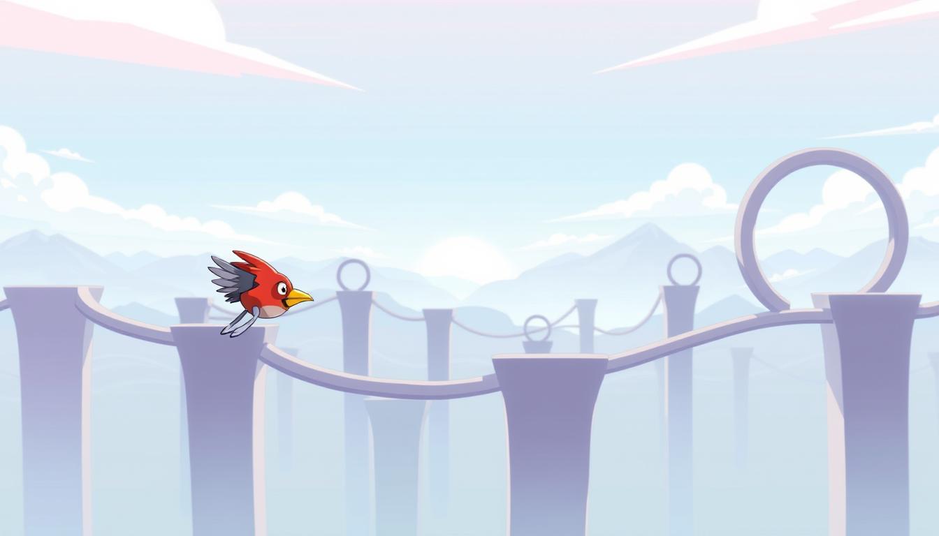 A vibrant, whimsical illustration of the endless bird flight game &quot;Zippy Bird&quot;. Set against a serene, pastel-hued sky, the player's character, a quirky, pixelated bird, flaps its wings gracefully as it navigates through a visually striking obstacle course. The foreground features the bird's expressive, detailed design, with its distinctive beak and vibrant plumage. The midground showcases a variety of undulating platforms, loops, and curves, creating a dynamic, challenging play environment. The background depicts a subtly blurred, yet captivating landscape, with distant mountains and clouds adding depth and a sense of tranquility. The overall composition conveys the game's addictive, carefree nature, inviting the viewer to experience the joy of endless bird flight.