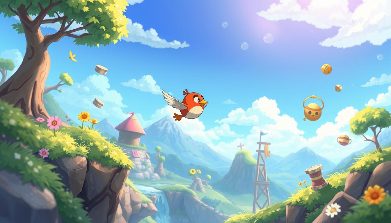 A browser-based game featuring the iconic Zippy Bird soaring through vibrant, hand-drawn landscapes. The player guides the agile avian as it navigates a whimsical world, evading obstacles and collecting power-ups against a lush, dreamlike backdrop. Soft, diffused lighting and a warm color palette convey a sense of enchantment, while the detailed, painterly style brings the game's charming characters and environments to life. The camera angle captures the bird's graceful movements from a slightly elevated perspective, immersing the viewer in the playful, boundless journey of Zippy Bird.