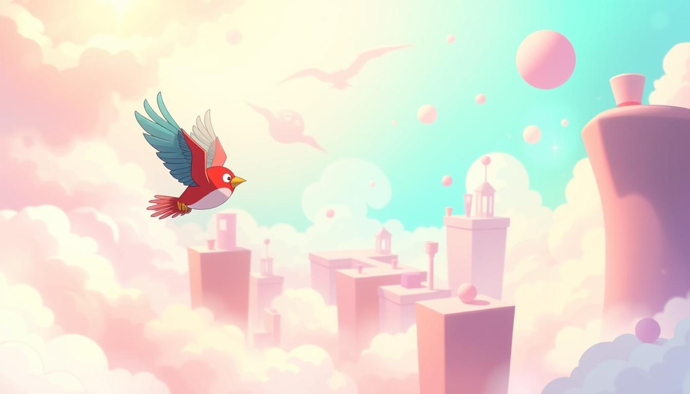 A detailed, whimsical illustration of the endless mobile game &quot;Zippy Bird&quot;. In the foreground, a vibrant, stylized bird character gracefully soars through a vibrant, dreamlike sky. The bird's plumage features an array of vivid colors, blending seamlessly with the surrounding environment. In the middle ground, a serene, floating landscape of geometric shapes and serene, pastel-hued platforms provides a playful, maze-like challenge for the bird to navigate. The background is filled with a surreal, hazy atmosphere, creating a sense of depth and wonder. Soft, diffused lighting bathes the scene in a warm, inviting glow, evoking a sense of tranquility and effortless motion. The overall composition conveys the free-flowing, addictive nature of this endlessly replayable mobile game.