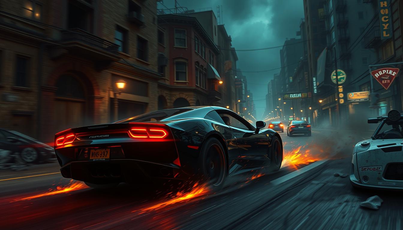 A detailed, hyper-realistic rendering of the iconic &quot;The Deadly Driving and Drawing Game&quot; video game. Set in a dimly lit, gritty urban environment, the scene depicts a wrecked, neon-lit city street with dilapidated buildings, flickering streetlights, and scattered debris. In the foreground, a high-performance sports car races recklessly, its tires leaving burning rubber trails. The car's driver, obscured by darkness, is intensely focused, hands gripping the steering wheel as they navigate the treacherous course. The background is filled with ominous shadows, creating a sense of danger and unease. The lighting is dramatic, with contrasting pools of light and shadow that accentuate the car's sleek lines and the game's ominous atmosphere. The overall composition is cinematic, capturing the thrill and peril of this deadly driving and drawing experience.