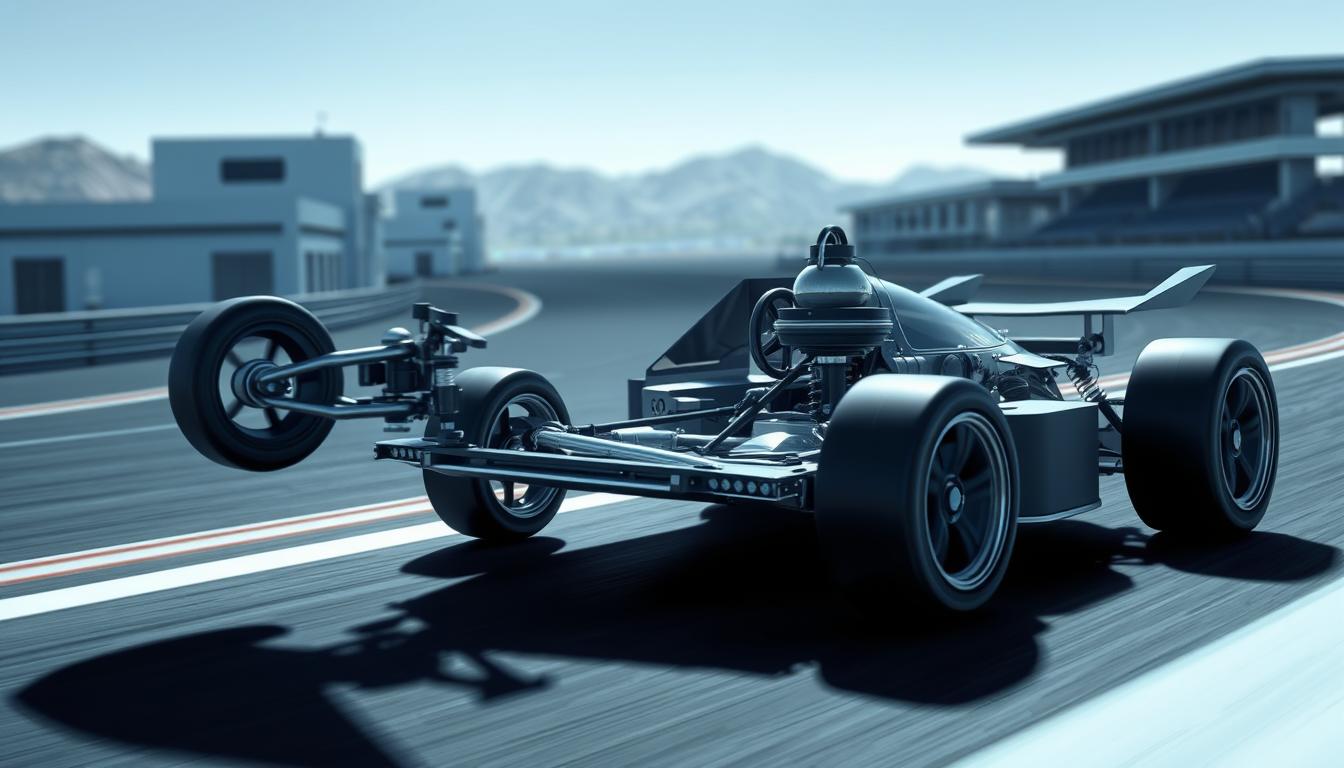 A realistic and detailed 3D rendering of a physics-based car racing game, viewed from an angled perspective. The car is in the foreground, its intricate body panels, wheels, and internal components clearly visible. The car's suspension system and interactions with the road surface are prominently featured, illustrating the game's focus on physics simulation. The background depicts a minimalist racetrack environment, with simple yet stylized buildings, landscape elements, and lighting that creates a sense of depth and atmosphere. The overall mood is one of technical precision and immersion, inviting the viewer to explore the game's physics-driven gameplay.
