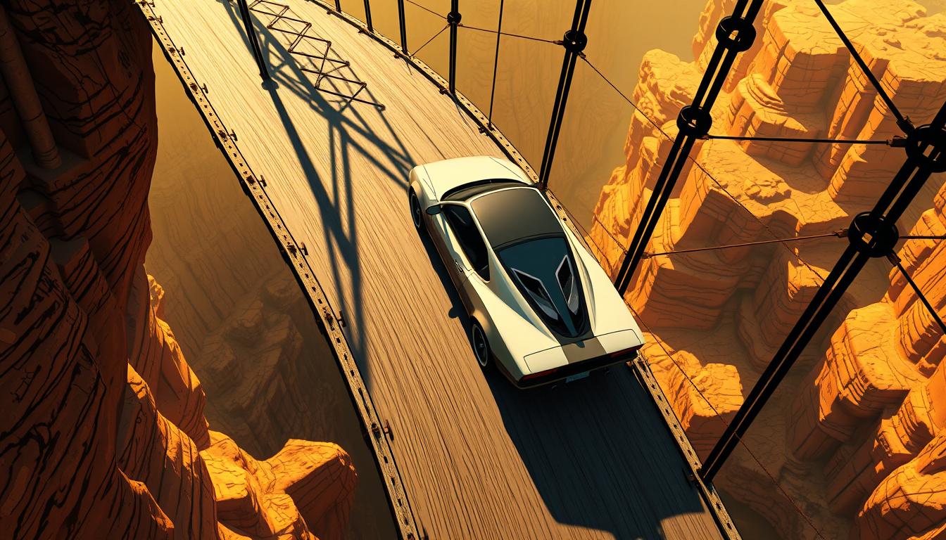 A detailed, dynamic scene of a car navigating a narrow, winding bridge over a deep, perilous chasm. The car is rendered in a bold, sleek design, casting dynamic shadows as it navigates the treacherous path. The bridge is made of intricate, interlocking metal beams, casting dramatic shadows across the car's surface. The background features a vast, rugged canyon landscape, bathed in warm, golden light, creating a sense of scale and drama. The overall scene conveys the thrilling, high-stakes experience of the &quot;Draw Deadly Descent&quot; car game, where precision and skill are essential to safely traverse the challenging environment.