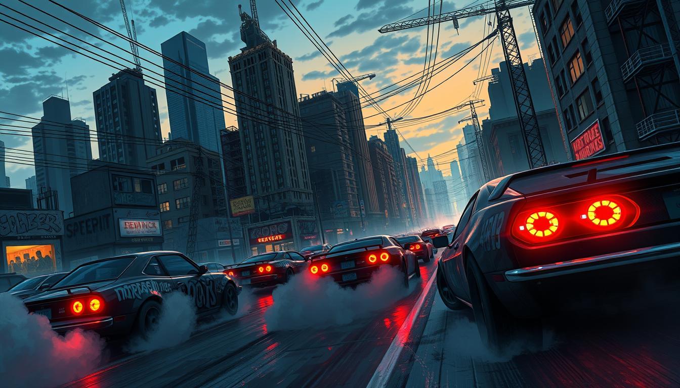 Gritty, graffiti-infused cityscape at dusk. Towering skyscrapers, neon-lit streets, and abandoned cars set the stage for an intense game of car-drawing mayhem. In the foreground, a haphazard starting line, with drivers gripping their controllers, focused on the challenge ahead. Billowing tire smoke, screeching brakes, and the glow of taillights create a sense of frenzied action. Overhead, a web of power lines and cranes hint at the industrial backdrop. Tones of deep blue, amber, and crimson evoke the high-stakes thrill of this deadly drawing and driving experience.