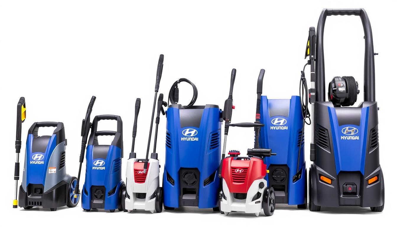 Various Hyundai pressure washer models lined up showing size differences