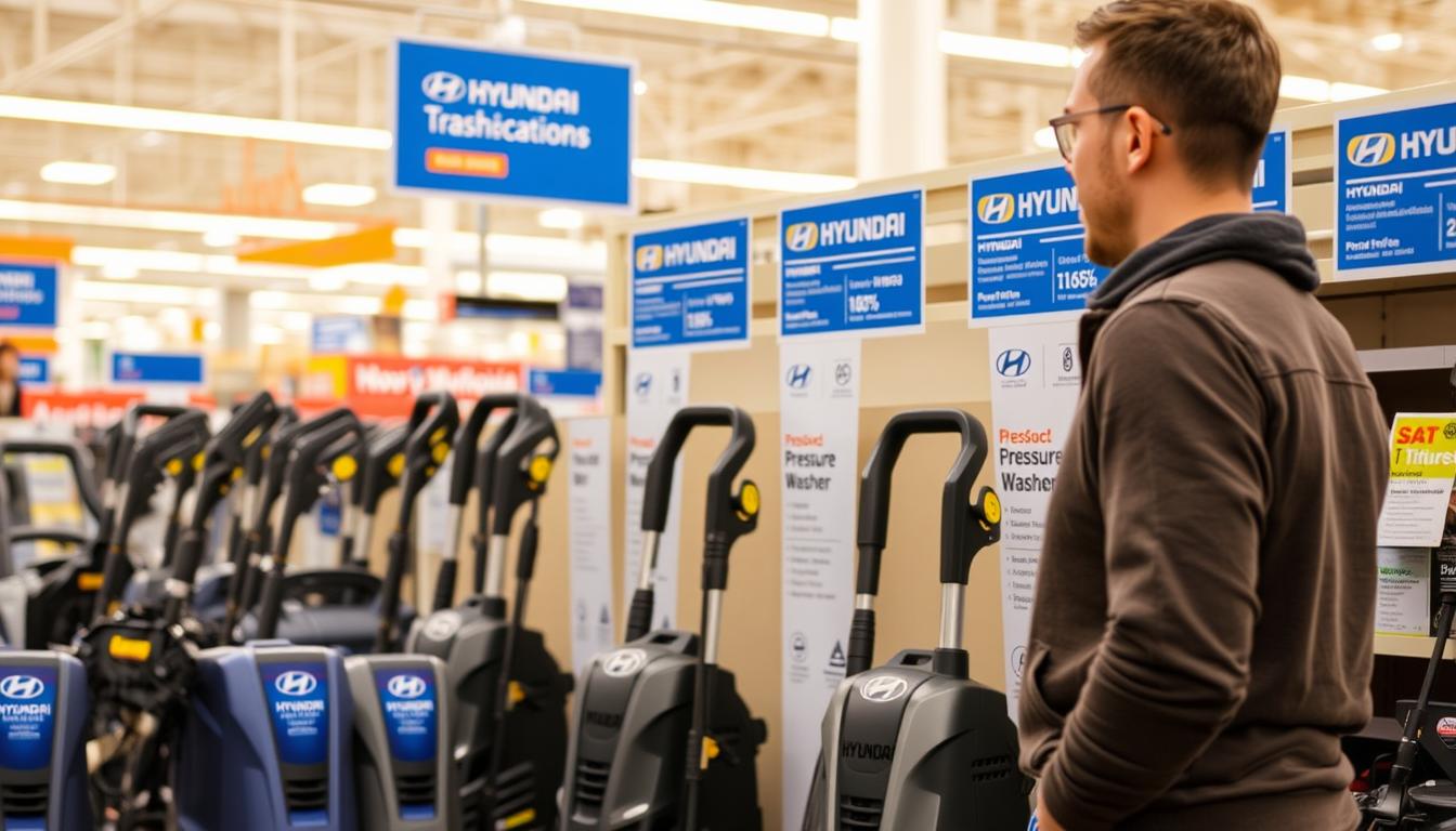 Person comparing different Hyundai pressure washer models in a store