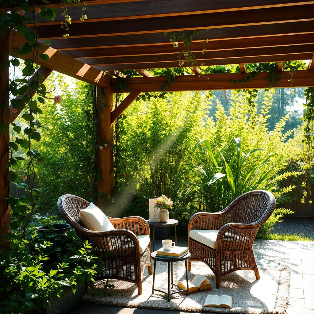 An inviting outdoor reading nook, bathed in warm afternoon sunlight. A cozy wicker armchair rests on a plush rug, surrounded by lush, verdant foliage. A small side table holds a stack of books and a steaming mug. Overhead, a wooden pergola creates a natural canopy, interwoven with trailing vines and flowers. The scene exudes a sense of tranquility and escape, perfectly suited for immersing oneself in the pages of a compelling read. Soft, diffused lighting filters through the greenery, lending an intimate, serene ambiance to the space.