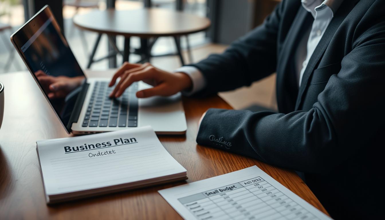 Person working on laptop with business plan and small budget spreadsheet for small business with small capital