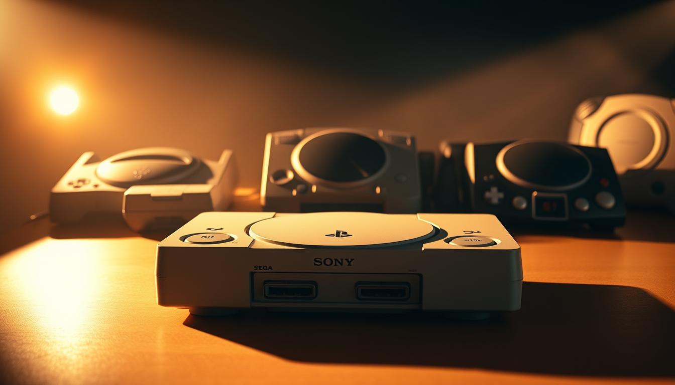 The Origins of the Console Wars A dramatic, cinematic scene of the early console wars, centered on a vintage Sony PlayStation console. Positioned prominently in the foreground, the iconic gray console is bathed in warm, theatrical lighting, casting dramatic shadows that lend an air of intensity and competition. In the middle ground, the silhouettes of other competing game consoles, like the Nintendo 64 and Sega Dreamcast, loom in the background, creating a sense of rivalry and technological one-upmanship. The overall mood is one of high stakes and historical significance, capturing the pivotal moment when Sony emerged victorious in the fierce battle for video game market dominance.