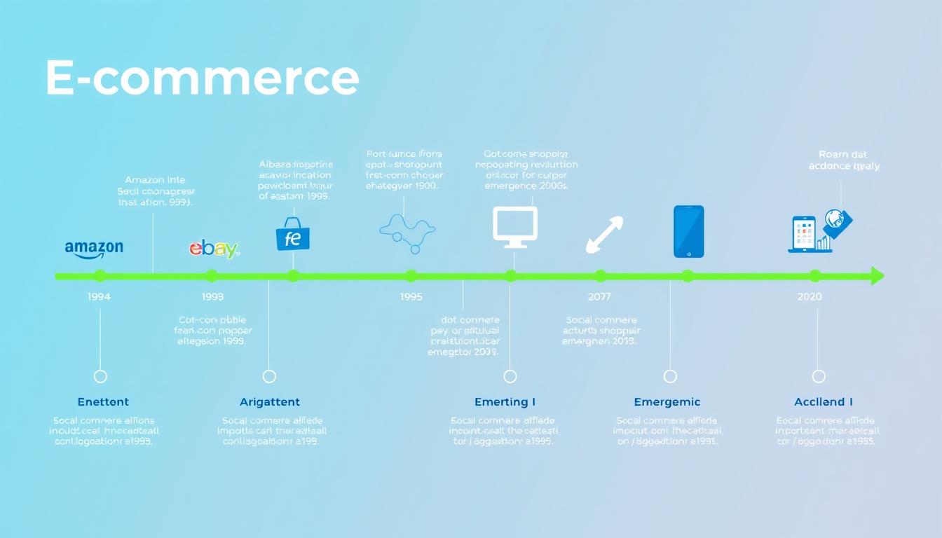 Timeline showing the evolution of e-commerce from the 1990s to present day, highlighting key milestones in its economic impact