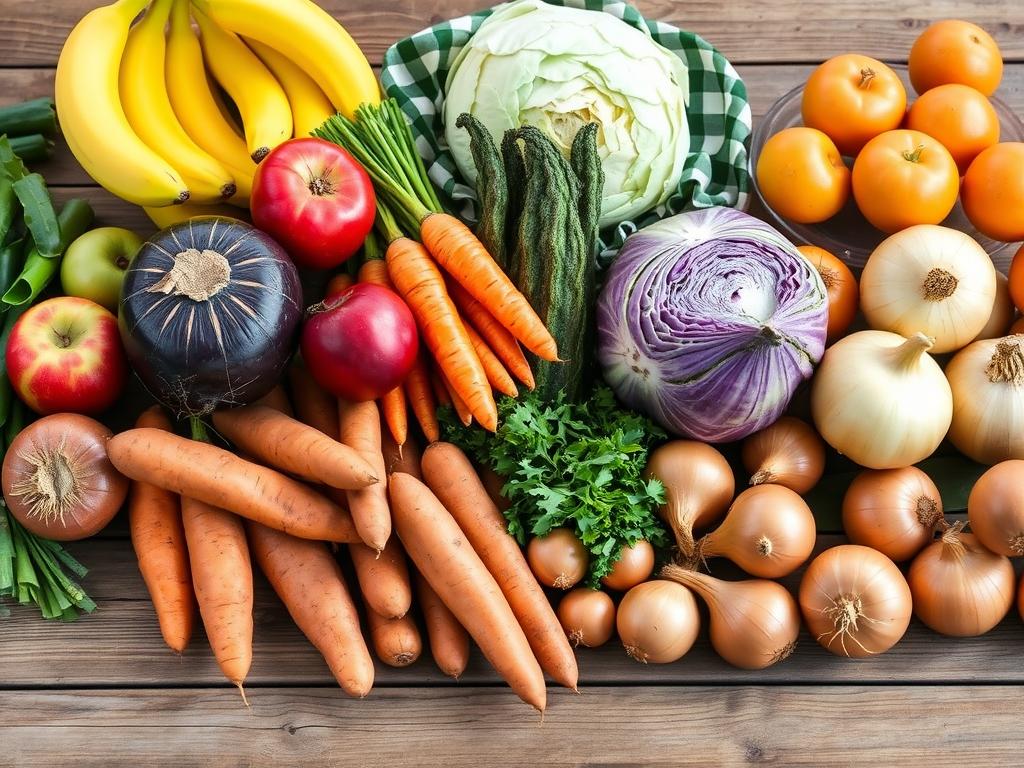 Healthy Grocery List: 50+ Affordable Foods 2 | eat move healthy Assortment of budget-friendly fruits and vegetables on a wooden table