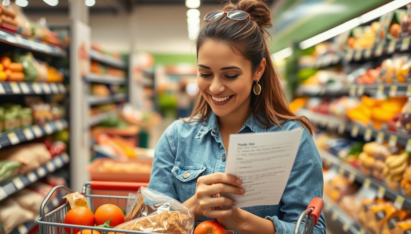 Healthy Grocery List: 50+ Affordable Foods 12 | eat move healthy Person smiling while checking items off a budget-friendly healthy grocery list