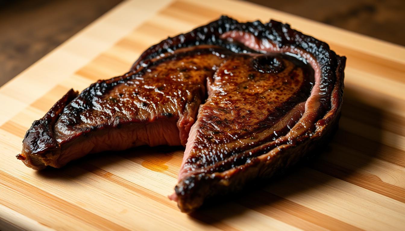 A perfectly seared and rested oyster blade steak, glistening with a light sheen of natural juices, rests atop a clean, minimalist wooden cutting board. The steak's deep, rich brown exterior contrasts beautifully with the succulent, pink center, hinting at the tenderness within. Soft, even lighting from above casts subtle shadows, emphasizing the steak's well-defined edges and the grain of the wood. The scene exudes a sense of culinary mastery and quiet sophistication, inviting the viewer to imagine slicing into the perfectly cooked meat.