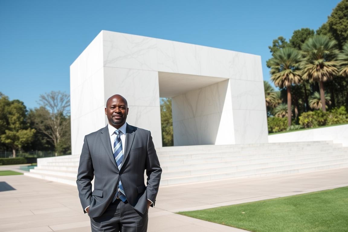 Architect Rodney Leon standing beside the United Nations Slavery Memorial he designed