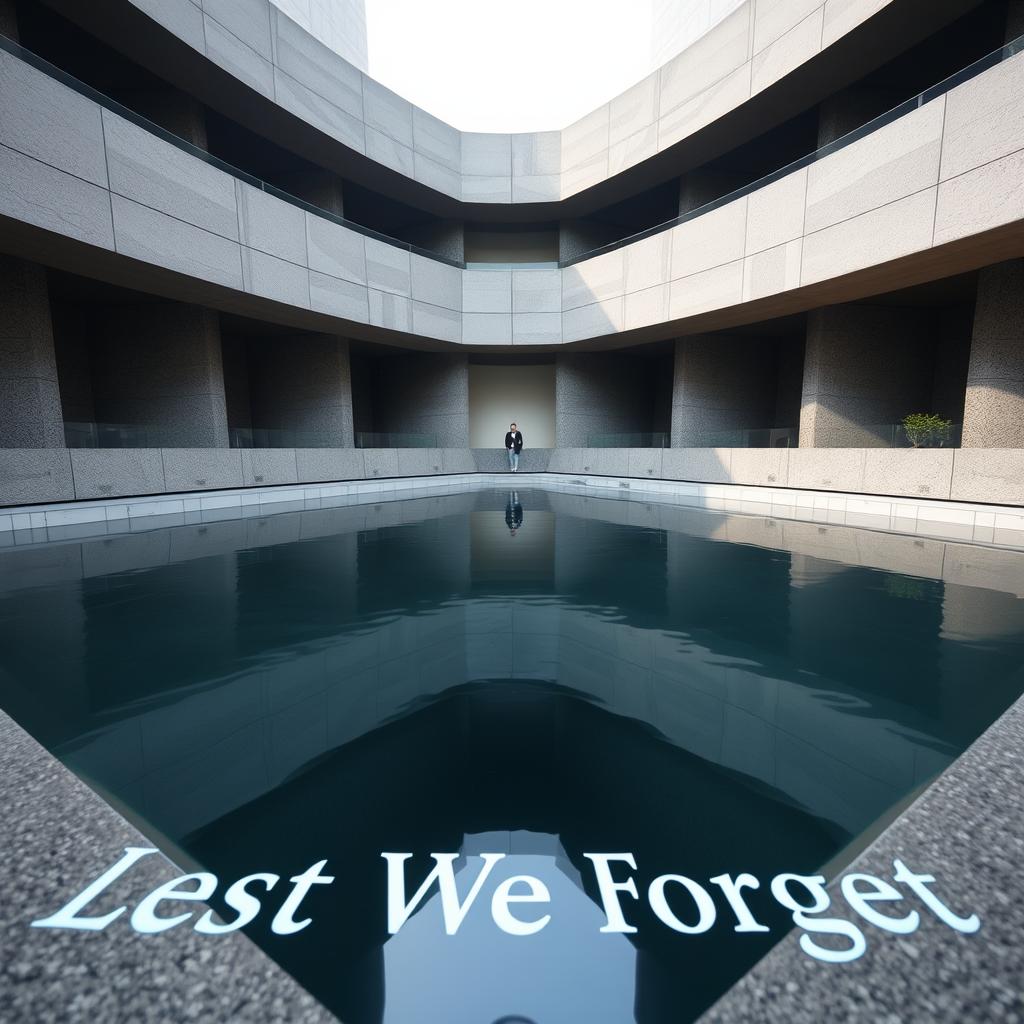The triangular reflecting pool of the United Nations Slavery Memorial with the inscription 'Lest We Forget'