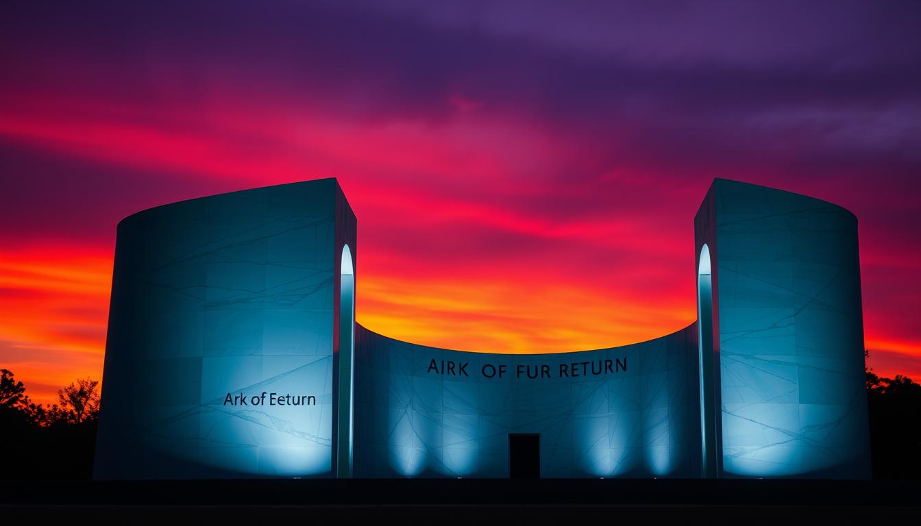 Sunset view of the United Nations Slavery Memorial illuminated against the evening sky