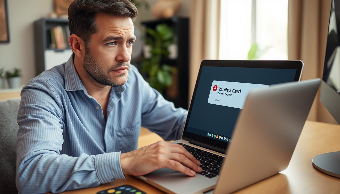 Person looking confused while trying to check their Vanilla card balance on a laptop showing an error message
