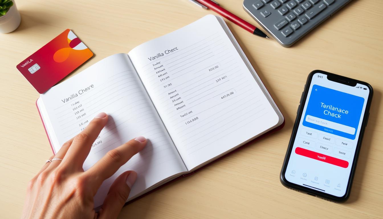 Person tracking their Vanilla card expenses in a notebook next to a smartphone showing the balance check website