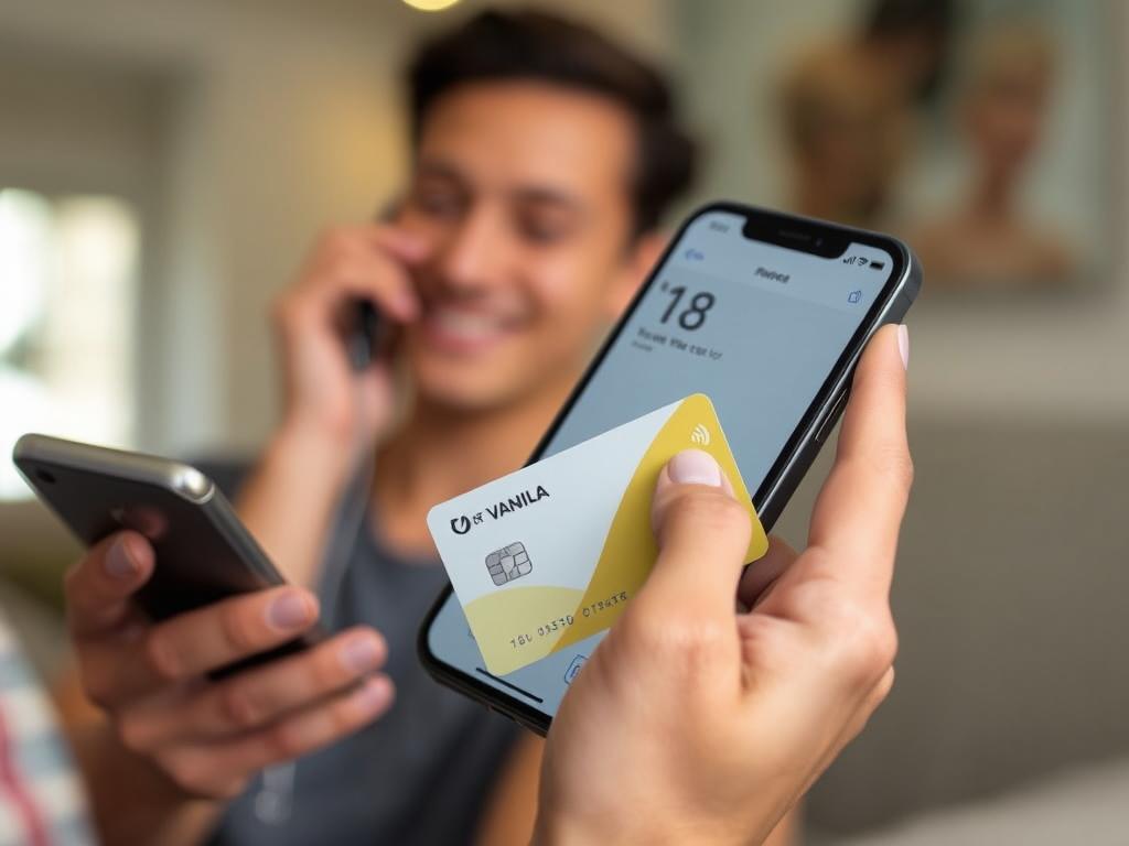 Person holding a phone while checking their Vanilla card balance via customer service