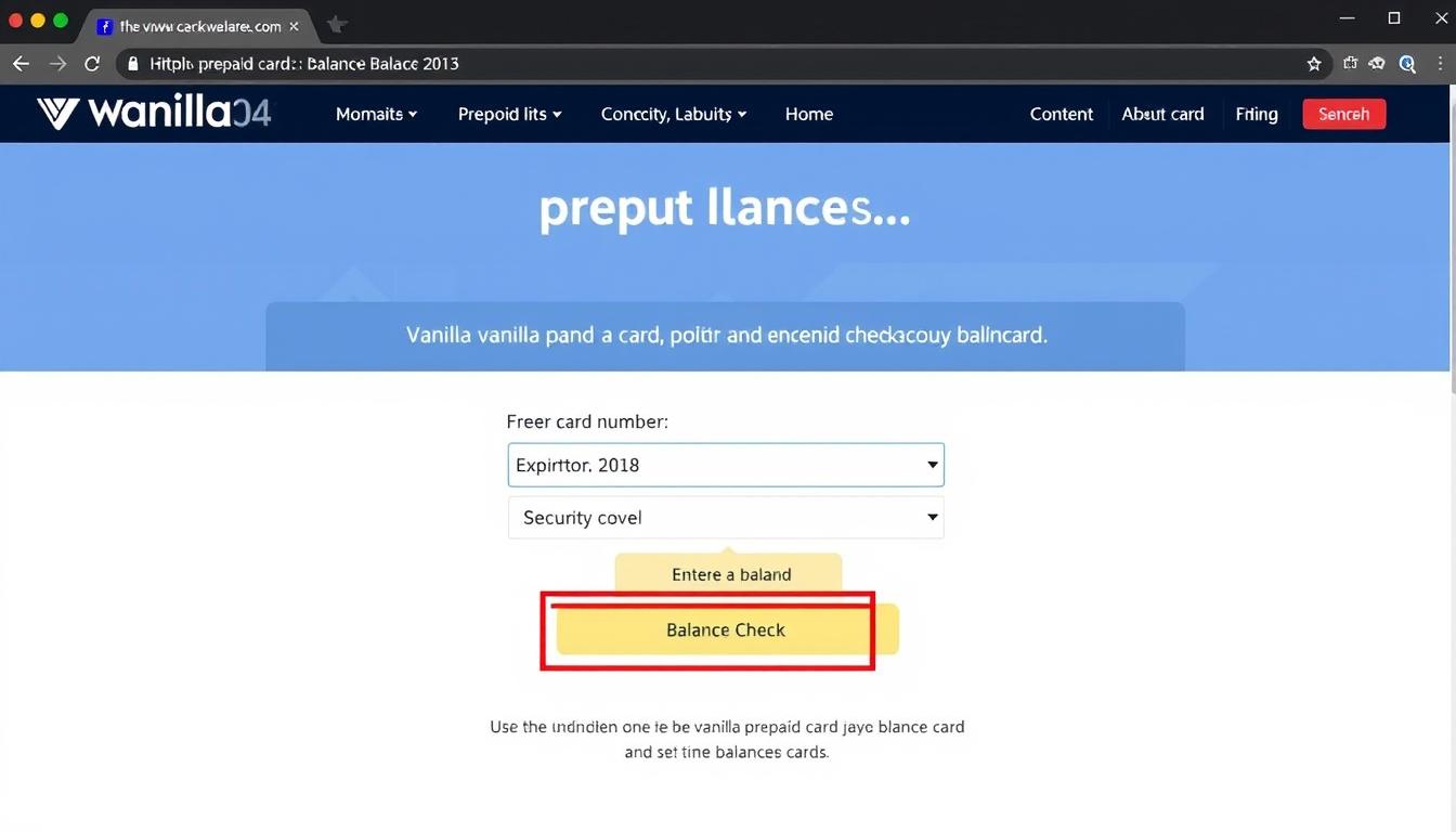 Screenshot of the Vanilla card balance check website showing the form where users enter their card details
