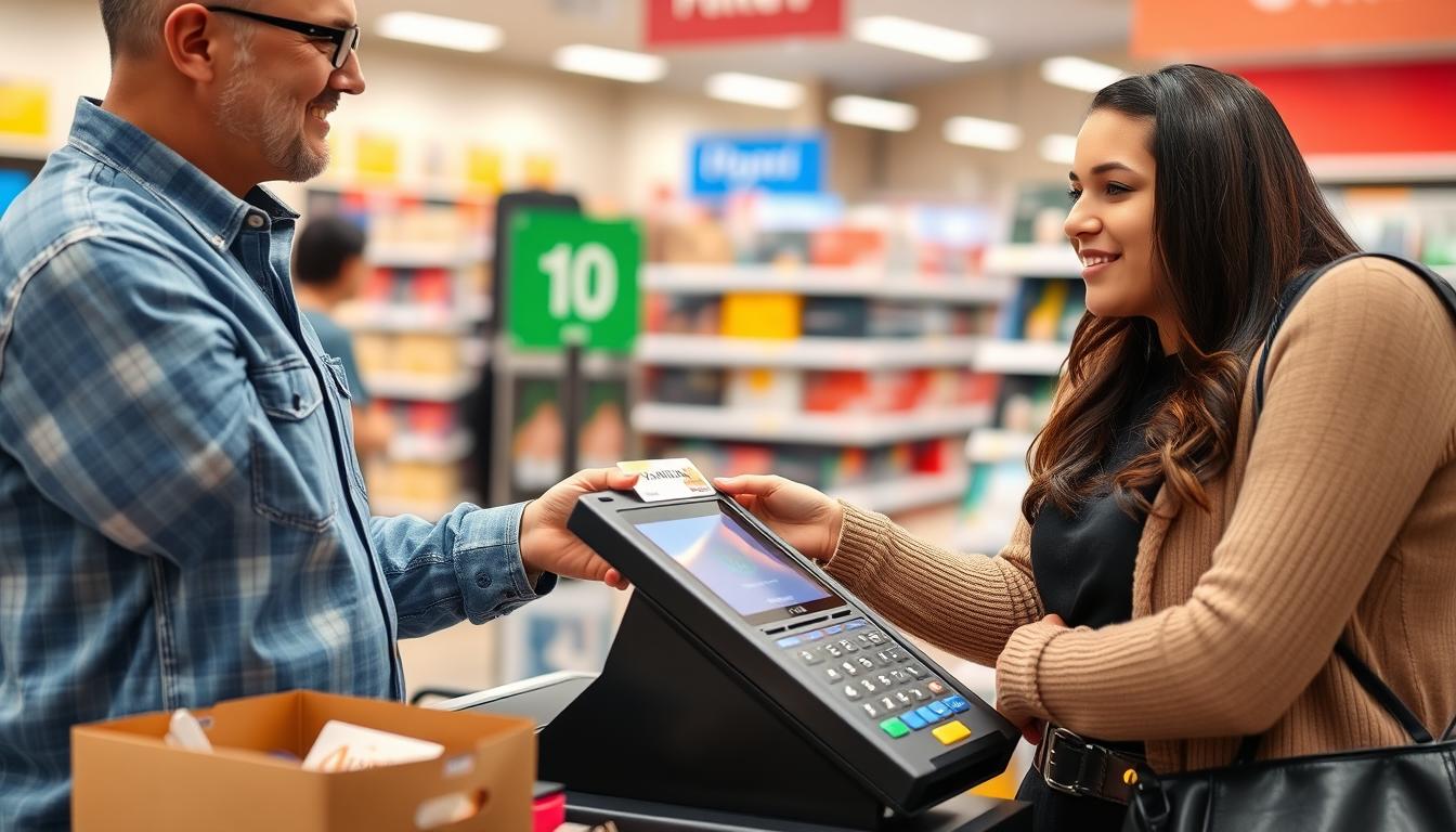 Customer at a retail store counter checking their Vanilla card balance with a cashier