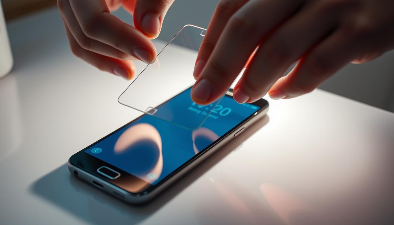 Best Anti-Blue Light Screen Protector for Samsung Galaxy A13 5G & A12 – Eye Protection Guide 2025 7 A person's hands carefully installing a protective glass screen onto a Samsung Galaxy smartphone, with a clean, well-lit workspace in the background. The screen protector smoothly adheres to the phone's display, with no air bubbles or misalignments. The lighting is soft and diffused, creating a calm, focused atmosphere. The camera angle captures the installation process from a slight overhead perspective, showcasing the delicate maneuvers required. The phone's display and the screen protector's edges are in sharp focus, highlighting the precision of the installation.