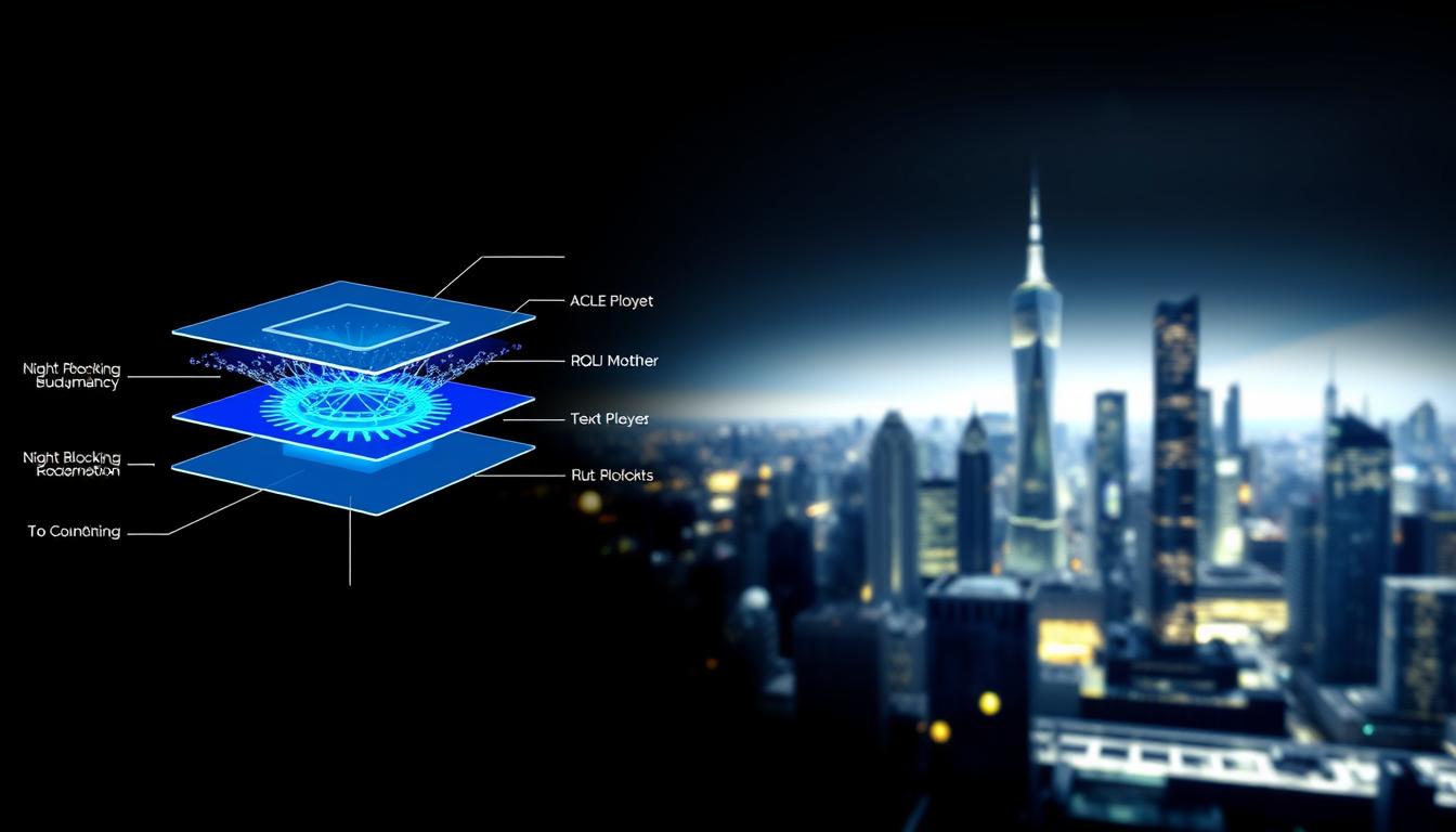Best Anti-Blue Light Screen Protector for iPhone 13, 13 Pro & iPhone 14 – Tempered Glass Guide 3 A high-tech diagram showcasing the advanced blue light filtering technology. In the foreground, a schematic representation of the screen protector's layered structure, with each component labeled and highlighted in vibrant blue hues. The middle ground features a close-up view of the protector's molecular lattice, depicting the intricate network of light-blocking particles. In the background, a sleek, futuristic cityscape serves as the backdrop, casting a cool, technological ambiance. The lighting is crisp and precise, emphasizing the scientific precision of the design. The overall composition conveys a sense of innovation, efficiency, and the cutting-edge nature of this anti-blue light solution.