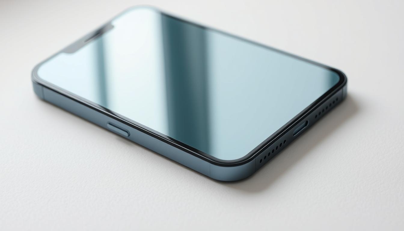 Best Anti-Blue Light Screen Protector for iPhone 13, 13 Pro & iPhone 14 – Tempered Glass Guide 5 A close-up shot of a high-quality tempered glass screen protector for an iPhone 14, with a focus on its anti-blue light properties. The glass has a subtle, minimalist design with clean edges and a smooth, glossy surface. The protector is positioned on a neutral-colored background, allowing the product to be the central focus. Soft, directional lighting highlights the clarity and durability of the glass, while casting subtle shadows to convey its three-dimensional form. The image should evoke a sense of premium quality and functionality, suitable for showcasing the product in an informative and visually appealing manner.