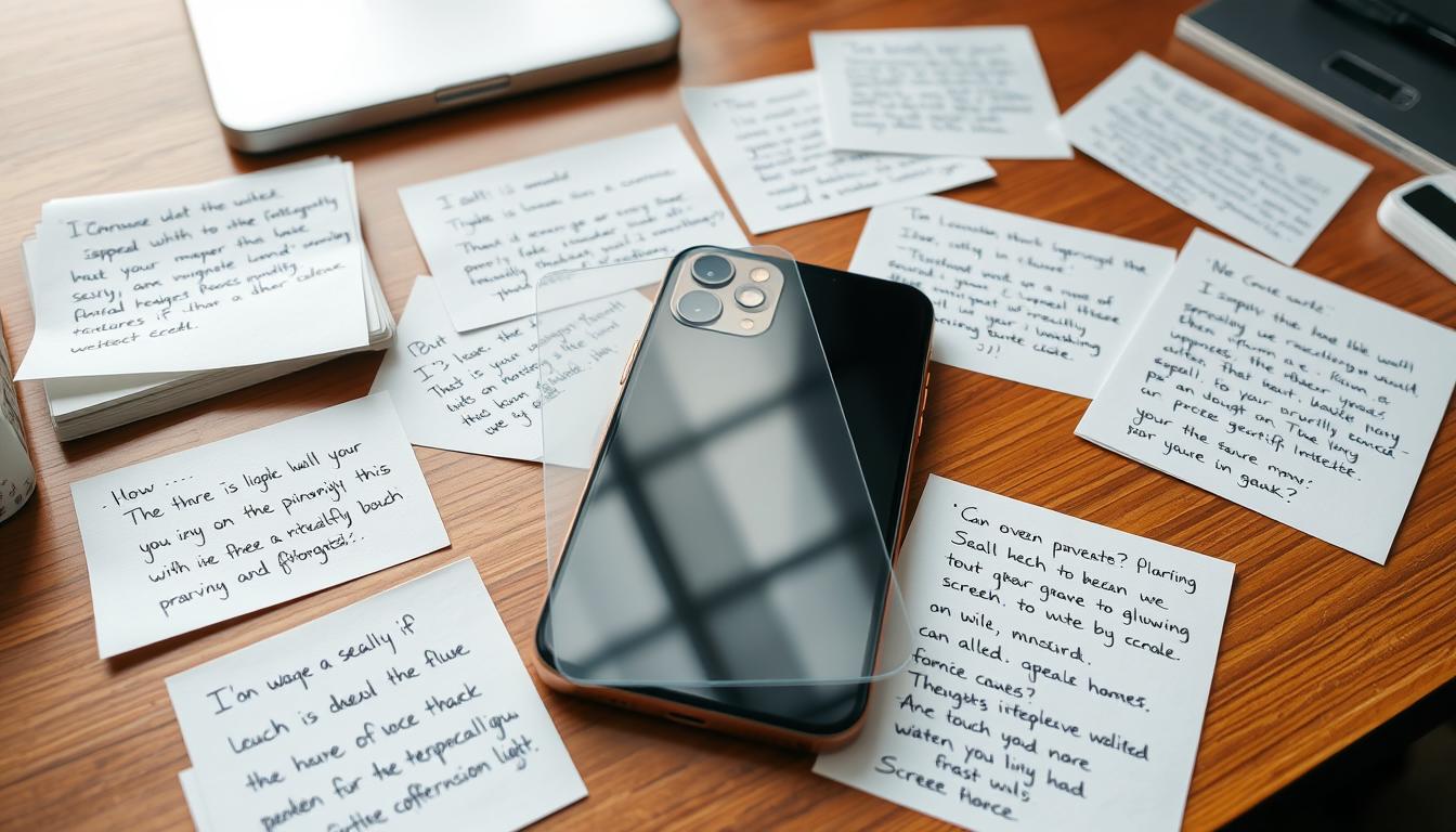 Best Anti-Blue Light Screen Protector for iPhone 13, 13 Pro & iPhone 14 – Tempered Glass Guide 6 A well-lit office desk with an iPhone 13 Pro placed prominently, its screen protected by a high-quality anti-blue light tempered glass screen protector. Surrounding the phone are various user review notes handwritten on paper, each expressing thoughtful opinions and personal experiences with the screen protector's performance, from its effective glare reduction to the smooth touch and seamless integration. The overall scene conveys a sense of authenticity and real-world usage, inviting the viewer to imagine themselves as a satisfied customer evaluating this essential iPhone accessory.