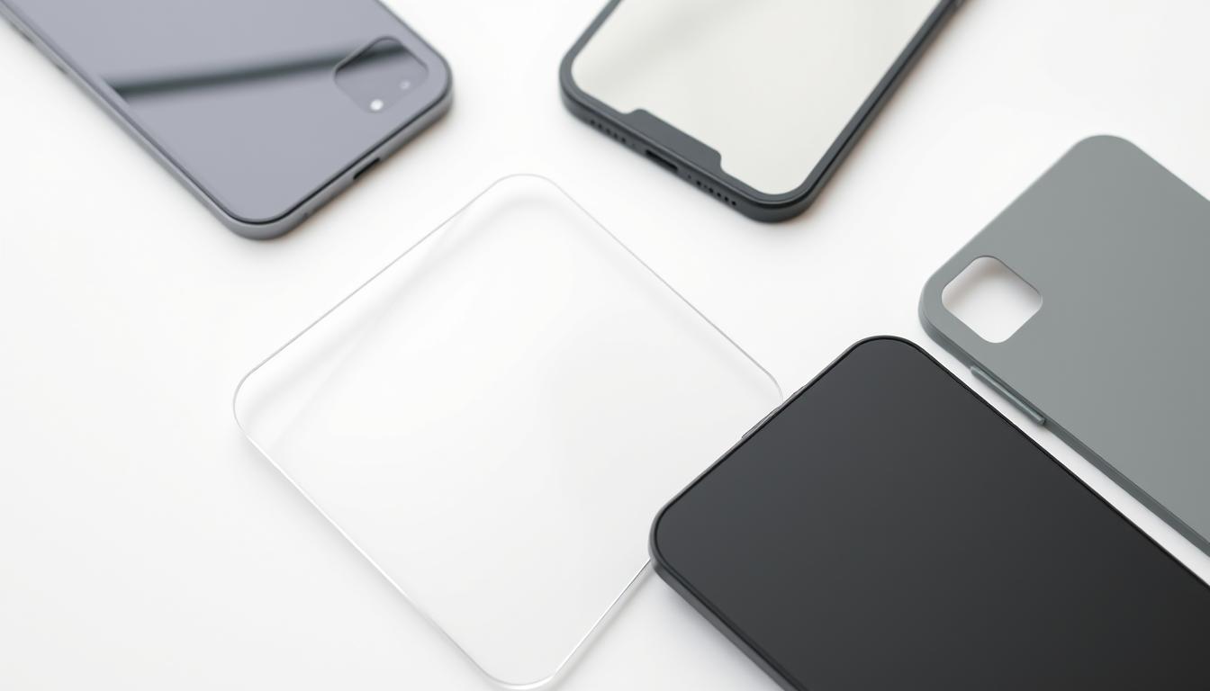 Best Anti-Blue Light Screen Protector for iPhone 13, 13 Pro & iPhone 14 – Tempered Glass Guide 4 A close-up shot of the top 5 anti-blue light screen protectors for iPhone 13 and 14, displayed on a clean, minimalist white background. The protectors should be arranged neatly, showcasing their sleek, premium designs with a focus on materials like tempered glass and matte finishes. Subtle yet impactful lighting should highlight the clarity and protective properties of each screen protector. The image should convey a sense of high-quality, reliable protection for the user's device without distracting elements.