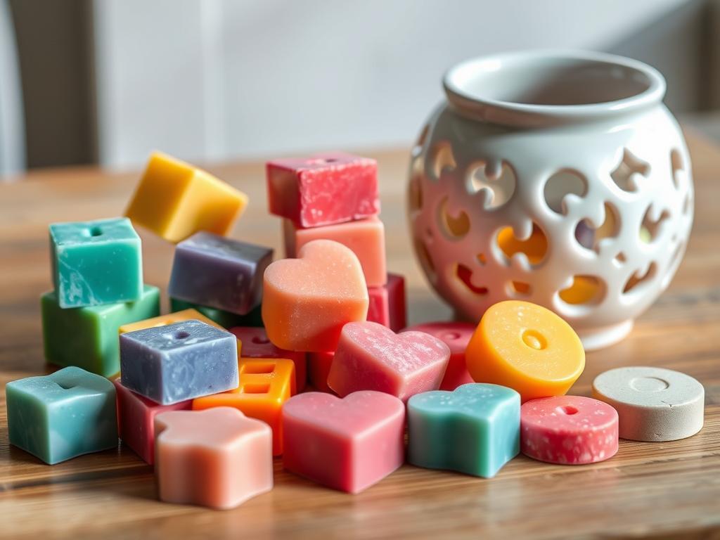 Various colorful wax melts in different shapes next to a wax warmer