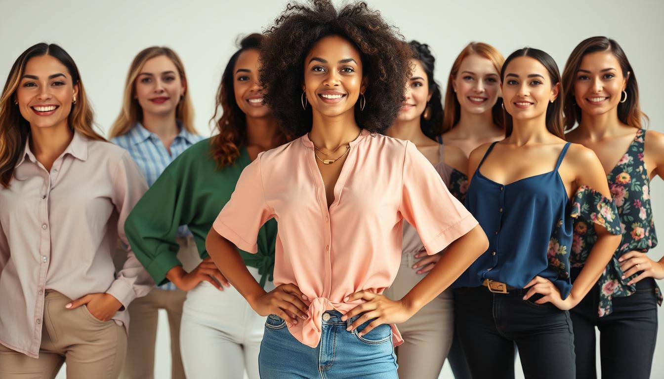 A well-lit studio shoot featuring a diverse group of stylishly dressed women posing confidently with their hands on their hips, highlighting a variety of flattering women's tops in a range of styles, textures, and colors - from classic button-downs and blouses to flowing, printed camisoles and structured, tailored tops. The women's expressions convey a sense of fashion-forward sophistication, with soft, natural lighting illuminating their faces and creating depth and dimension in the image. The background is a clean, minimalist setting that allows the vibrant tops to take center stage, showcasing their versatility and how they can be styled for different occasions.