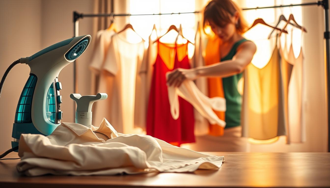 A well-lit studio scene showcasing the proper care and maintenance techniques for women's tops. In the foreground, a neatly folded blouse and a garment steamer, conveying the importance of gentle cleaning and de-wrinkling. In the middle ground, a woman's hands gently hand-washing a delicate silk camisole, demonstrating the care required for fabrics. The background features a clothesline with a variety of tops hanging, illuminated by warm, natural lighting to highlight the vibrant colors and textures. The overall mood is one of attention to detail and respect for the longevity of one's wardrobe.