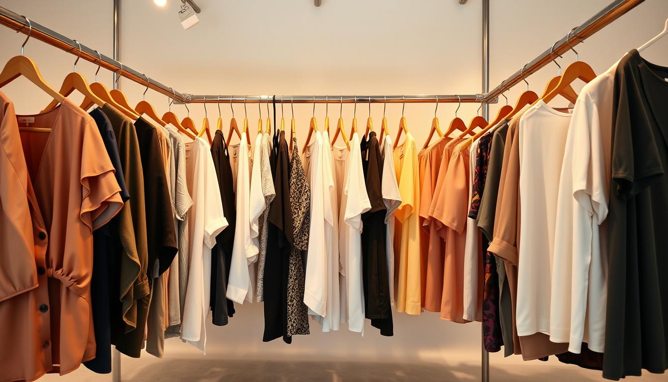 A well-lit studio filled with an assortment of stylish women's tops displayed on elegant hanging racks. The tops showcase a range of fabrics, colors, and styles, including structured blouses, flowing chiffon shirts, and classic tees. The lighting casts a warm, inviting glow, highlighting the intricate details and high-quality construction of the garments. The camera angle captures a three-quarter view, allowing the viewer to see the full range of options available. The background is a clean, neutral backdrop, allowing the tops to take center stage and showcasing them in the most flattering way possible.