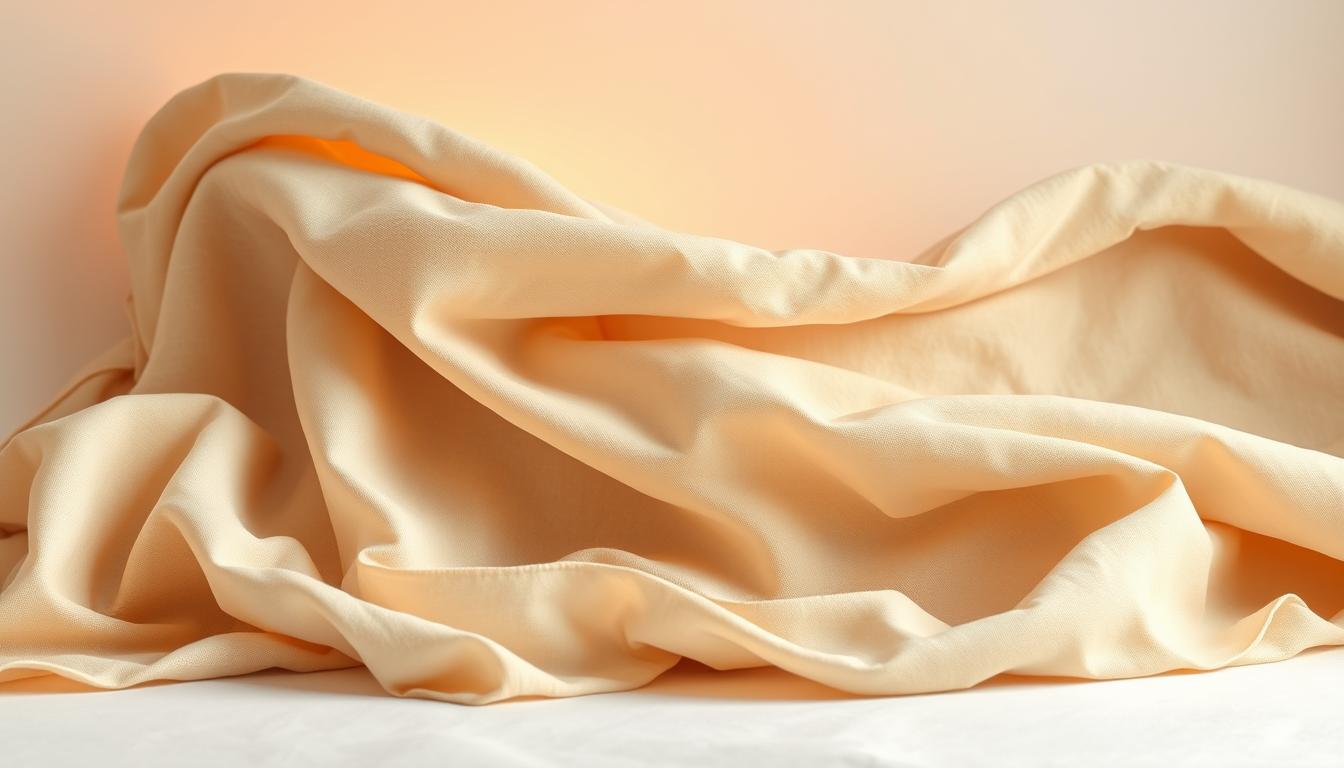 A beautifully lit, high-resolution studio photograph showcasing a variety of natural fabrics for women's tops. The foreground features folds and drapes of soft, breathable materials like linen, silk, and organic cotton, with natural textures and subtle color variations. The mid-ground displays the fabrics gracefully flowing and interacting with each other, creating a harmonious composition. The background is a clean, minimalist white backdrop, allowing the fabrics to be the sole focus. Warm, directional lighting from the side and top illuminates the fabrics, highlighting their luxurious sheen and flowing movement. The overall mood is one of elegance, simplicity, and the inherent beauty of natural textiles.