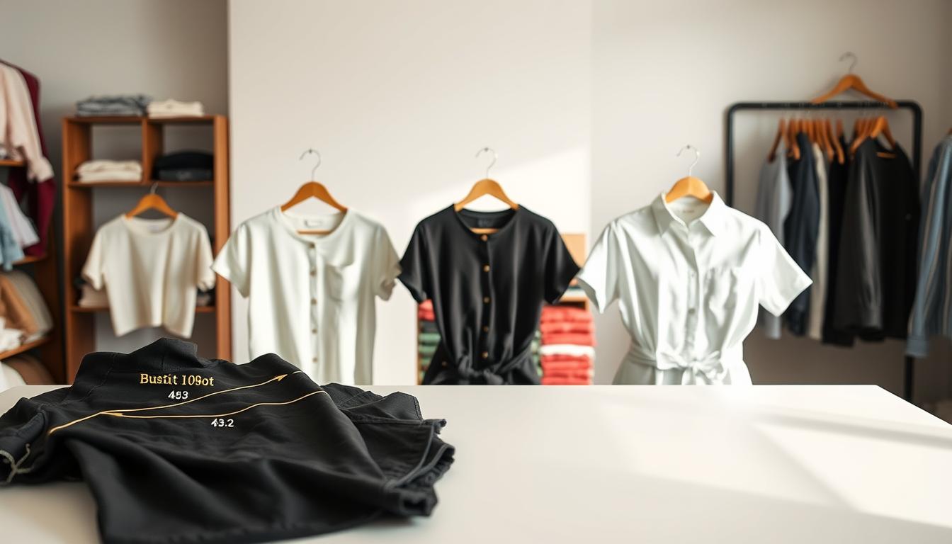A well-lit, high-resolution image of a detailed women's top sizing guide. In the foreground, a minimalist table showcasing various top styles - blouses, t-shirts, and button-downs - with precise measurements for bust, waist, and hip circumferences. The middle ground features neatly arranged fabric swatches in a range of colors and textures, providing visual cues for material and fit. The background softly fades into a clean, clutter-free space, allowing the sizing information to take center stage. The overall mood is informative yet stylish, inviting the viewer to explore the sizing options for finding their perfect fit.