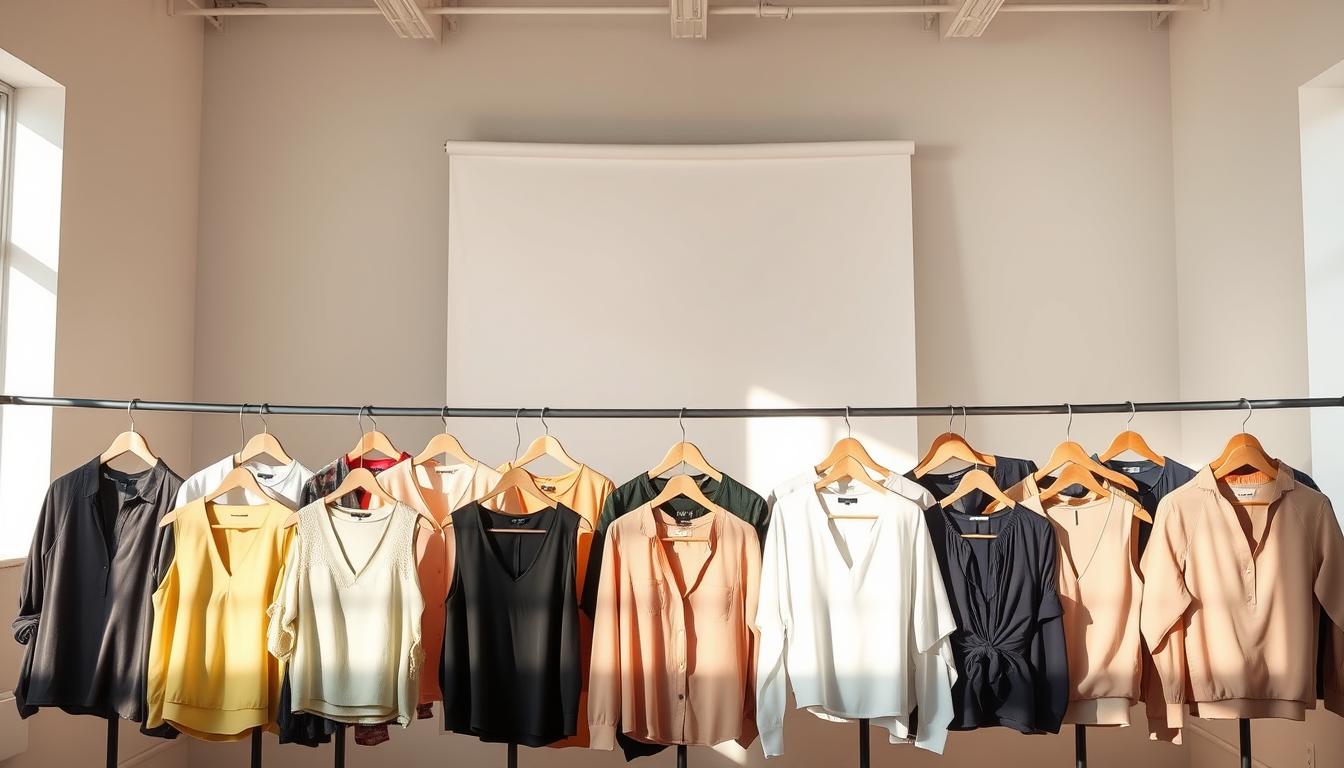 A well-lit studio setting showcasing a diverse collection of women's tops. In the foreground, a neatly arranged display of blouses, tank tops, and stylish shirts in a variety of colors, patterns, and fabrics, including silky, chiffon, and structured pieces. The middle ground features a clean, minimalist backdrop, allowing the tops to take center stage. Natural daylight streams in from the sides, creating soft, flattering shadows and highlights that accentuate the fabric textures. The overall mood is one of refined elegance and versatility, reflecting the must-have nature of these wardrobe essentials.
