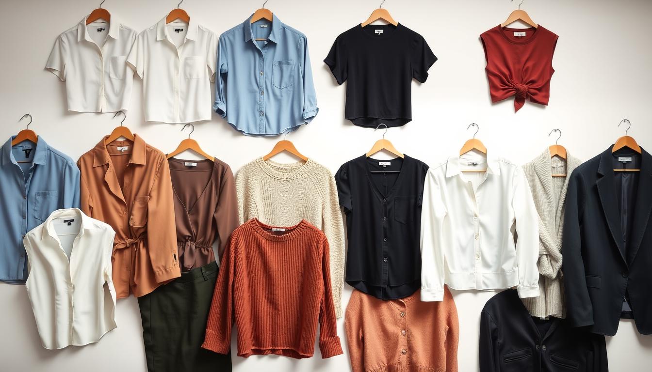 A neatly arranged array of stylish women's tops in a bright, well-lit studio setting. The tops span a range of styles, fabrics, and colors - from crisp collared blouses and flowy chiffon camisoles to cozy knit sweaters and structured blazers. The items are positioned at varied angles, creating an elegant, visually engaging composition. Diffused lighting highlights the textures and drape of the fabrics, while a simple, neutral background allows the tops to take center stage. An overall mood of sophistication, versatility, and fashion-forward sensibility pervades the scene.