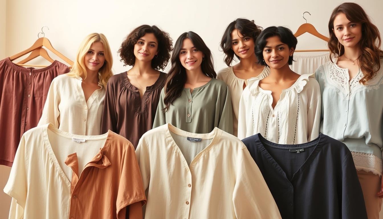 A curated collection of stylish and versatile women's tops in a variety of seasonal fabrics, patterns, and silhouettes. In the foreground, an array of high-quality tops featuring natural materials like cotton, linen, and silk in a range of muted seasonal hues. The middle ground showcases tops with subtle yet eye-catching details such as delicate embroidery, ruffles, or elegant necklines. The background features a warm, softly lit studio setting, creating a serene and inviting atmosphere. Bright, even lighting and a shallow depth of field emphasize the tactile quality and artful design of the seasonal tops. The overall mood is one of timeless elegance and effortless style, perfectly capturing the essence of year-round fashion.
