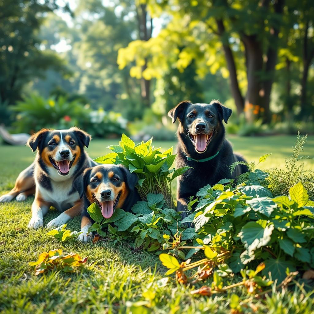 cães a comer plantas