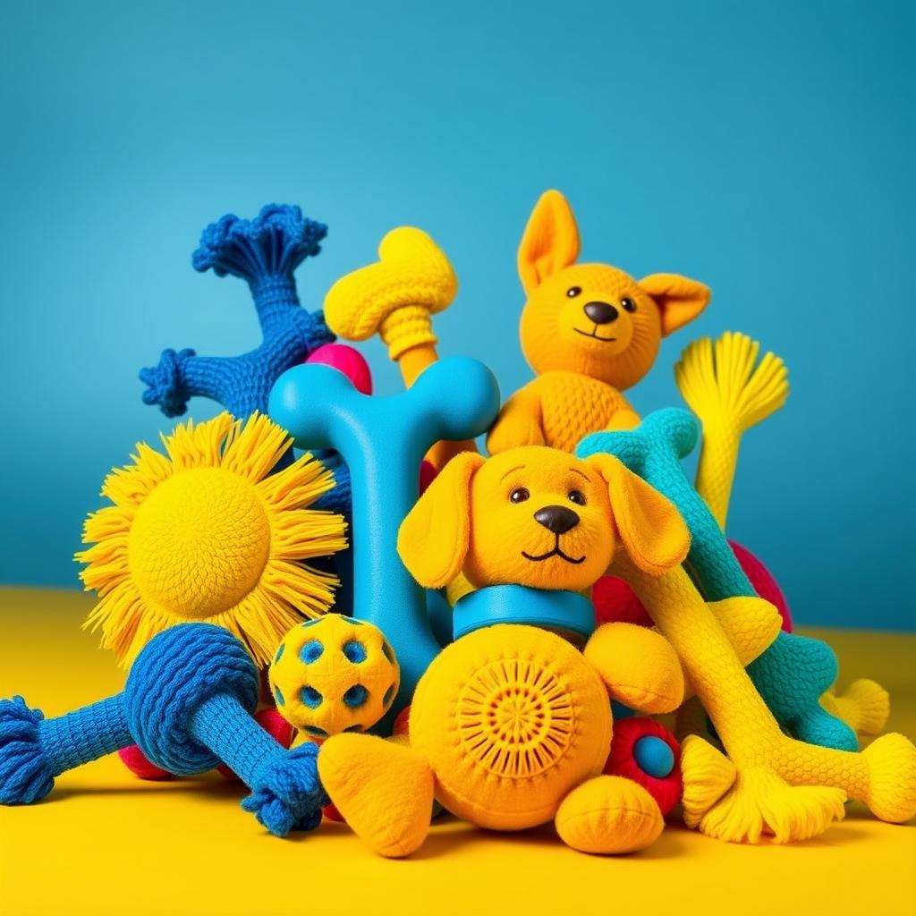 brinquedos para cães em cores azul e amarelo