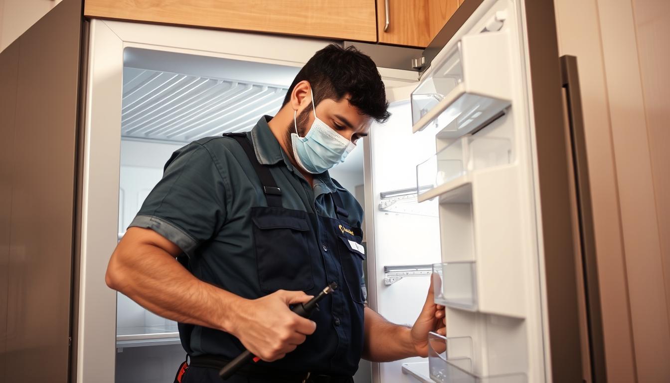 فني ثلاجات الكويت يقوم بإصلاح ثلاجة منزلية في ظل الحرارة المرتفعة