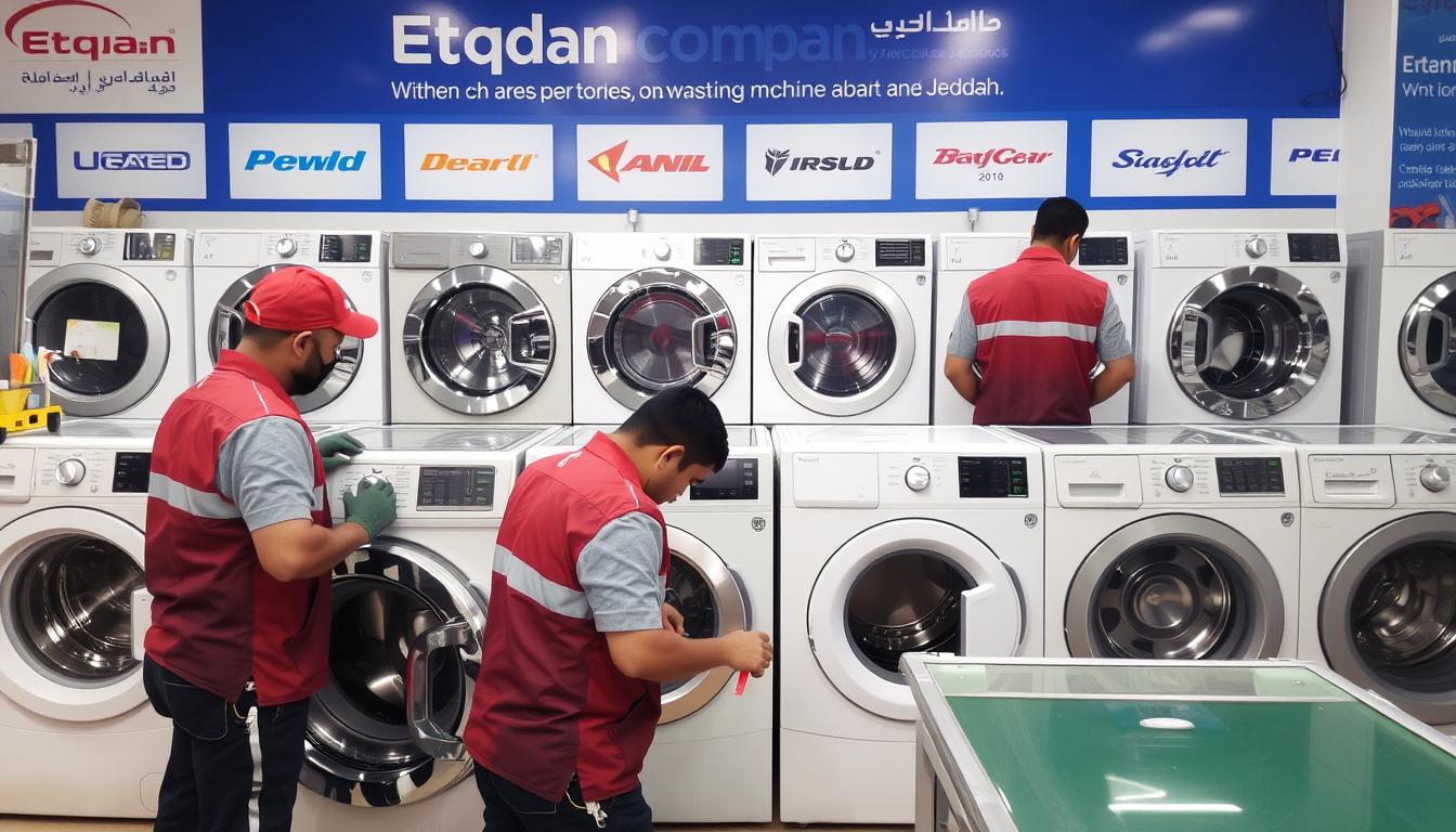 فريق فنيين مختصين من شركة صيانة غسالات جدة يعملون على إصلاح غسالات متنوعة