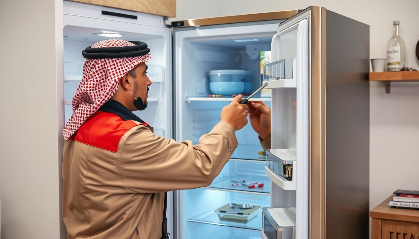فني صيانة ثلاجات بالرياض يقوم بإصلاح ثلاجة منزلية