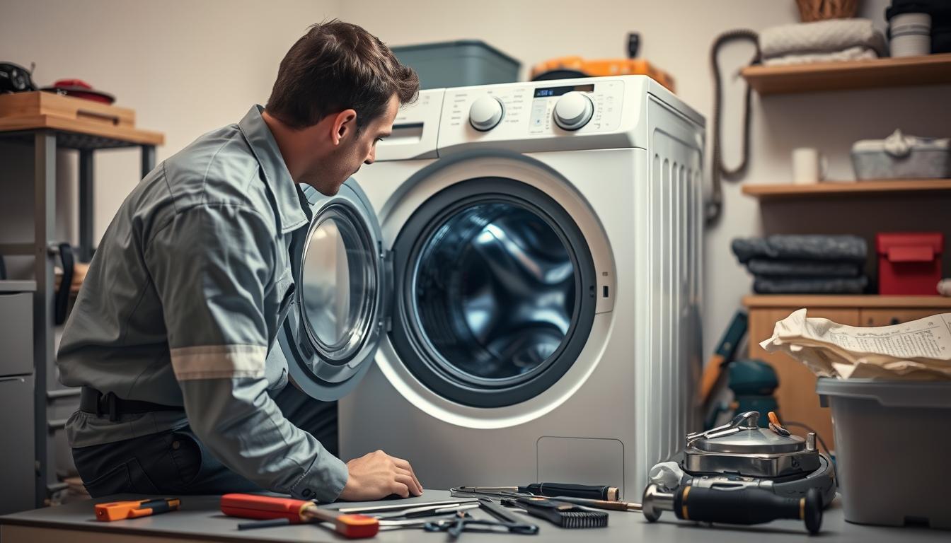 فني صيانة غسالات مكة يقوم بفحص غسالة أتوماتيك