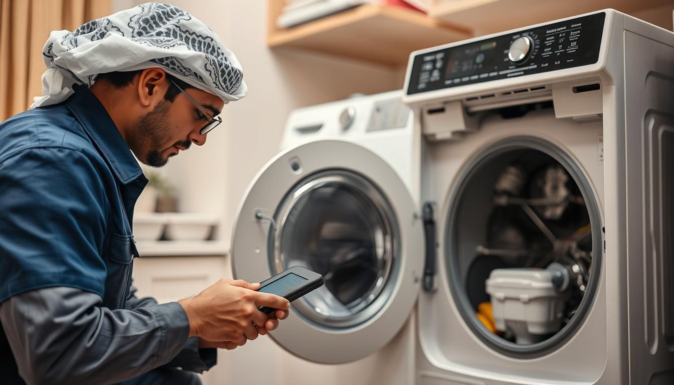 فني صيانة غسالات بالمدينة المنورة يقوم بفحص غسالة أوتوماتيكية