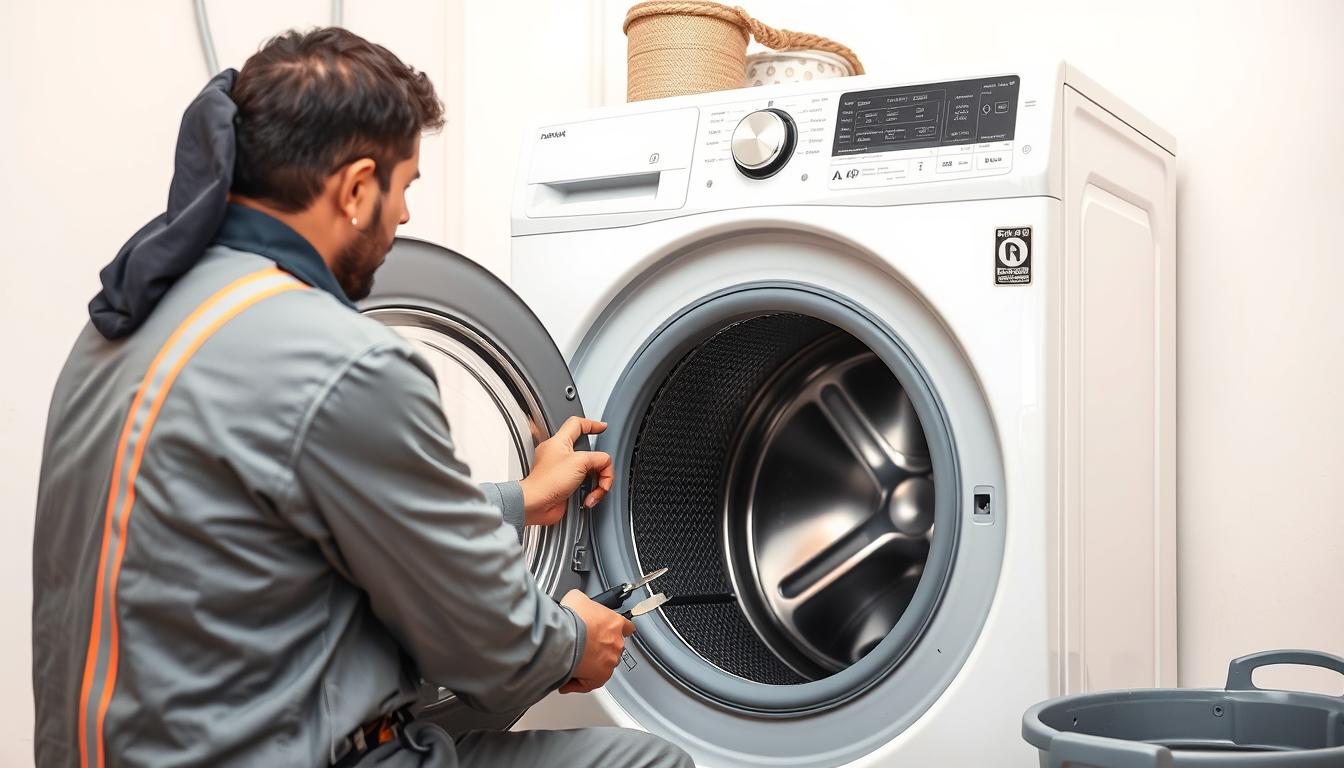فني يقوم بصيانة غسالة أوتوماتيك بالطائف